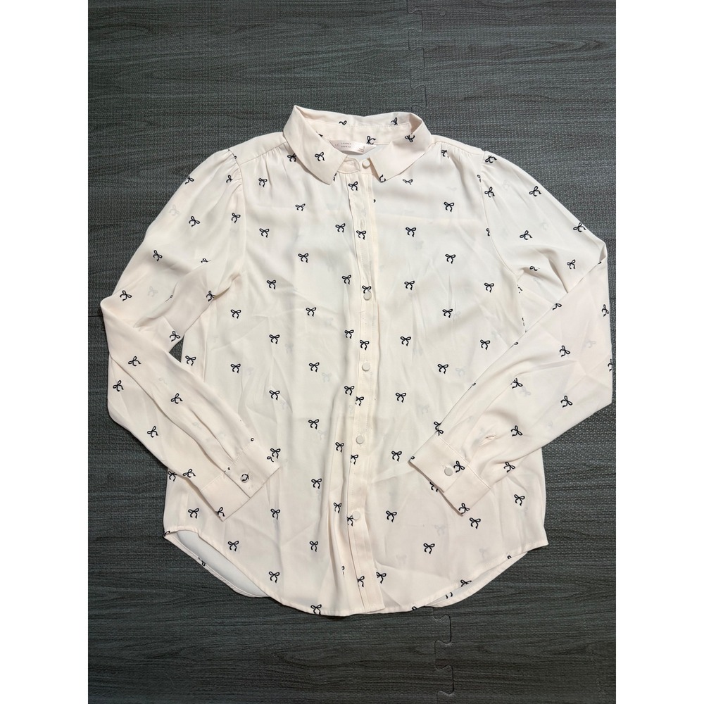 LC Lauren Conrad Pink Bow Print Button Up Blouse Long Sleeve Small